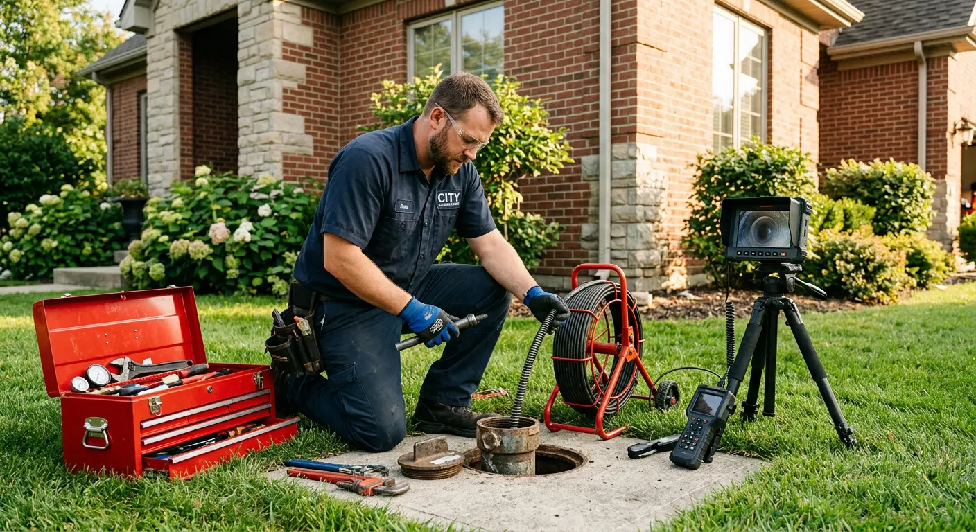 Sewer specialist with camera equipment servicing a cleanout in Layton