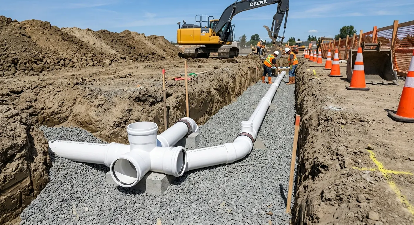 New PVC sewer pipe installation in open trench for Sewer Backup in Layton