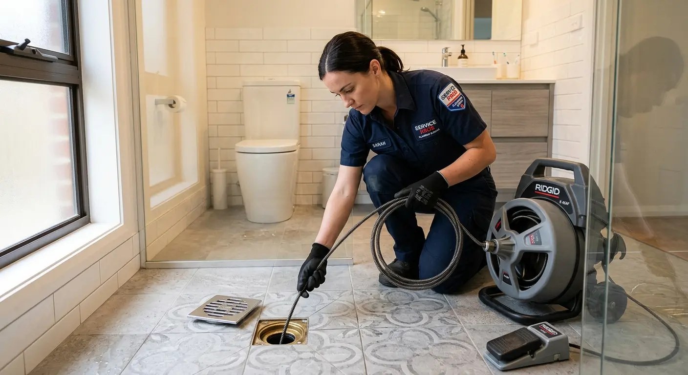 Technician clearing a bathroom floor drain for Drain Cleaning in Layton